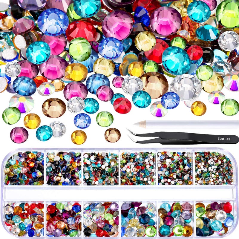 TecUnite 2000 Pieces Flat Back Gems Round Crystal Rhinestones 6 Sizes (1.5-6 mm) with Pick Up Tweezer and Rhinestones Picking Pen for Crafts Nail Face Art Clothes Shoes Bags DIY (Multicolors) - Image 1